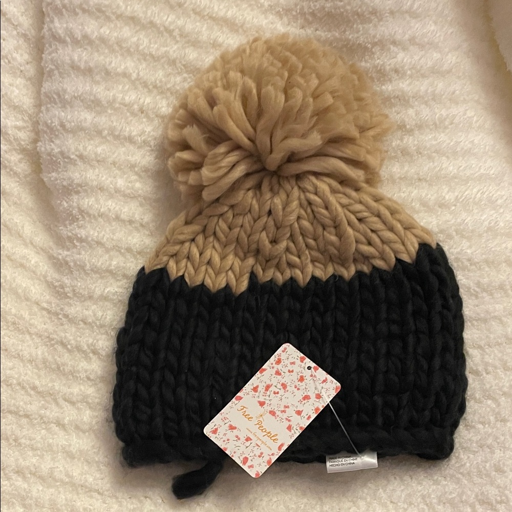 Free People Black and Tan Knit Beanie with Pom-Pom